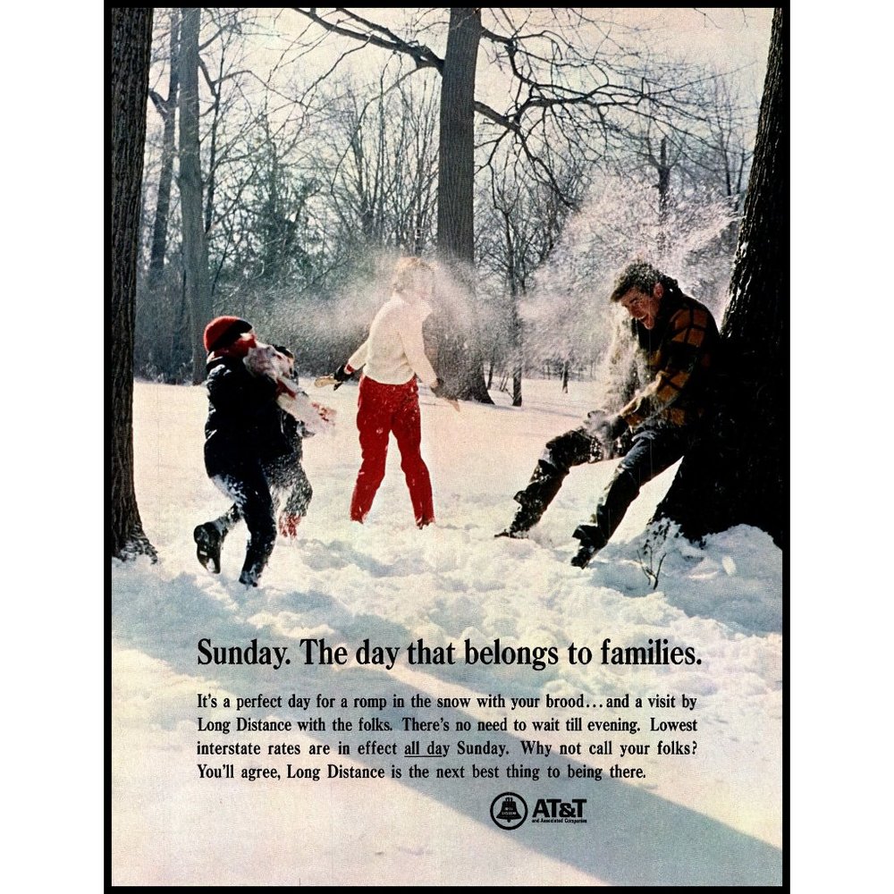 1967 AT&T Long Distance Vintage Print Ad Family Snowball Fight Winter Wall Art